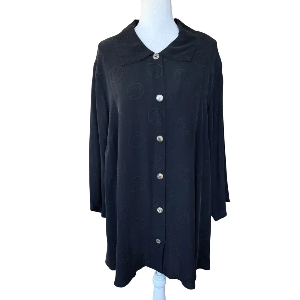 Citron Santa Monica Black 100% Silk Jacquard Medallion Tunic Blouse Plus Size 2X